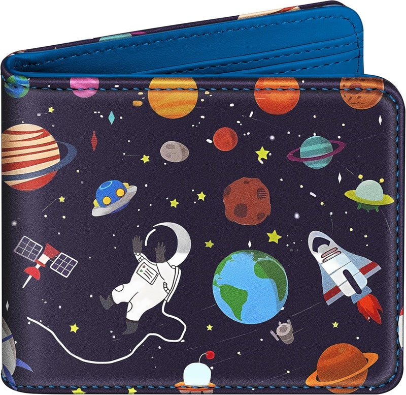 Funermei Cute Wallet for Teen Boys Leather Bifold Wallet Girls Cool Cartoon Space Planet Astronaut Credit Card Holder RFID Blocking Id Cash Slim Small Bi Fold Wallets with Coin Pocket Teens Little Boy - Image 1
